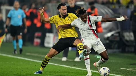 Oct 4, 2023 · Follow the Champions League live Football match between Borussia Dortmund and AC Milan with Eurosport. The match starts at 7:00 PM on October 4th, 2023. Catch the latest Borussia Dortmund and AC ... 